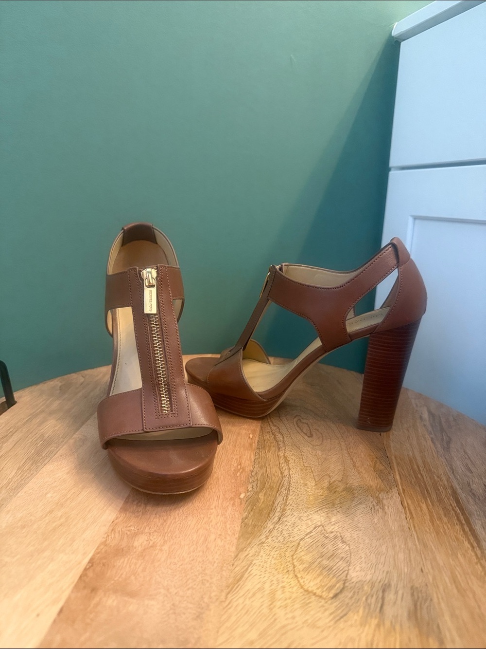 Michael Kors Brown T-Strap High Heel Sandals with Front Zipper